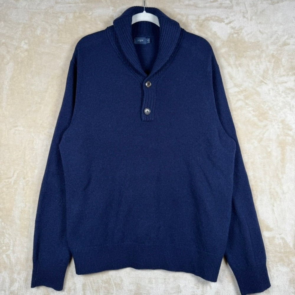 J.Crew Mens XL 100% Lambswool Shawl Collar Sweater Navy Blue Preppy Heritage
